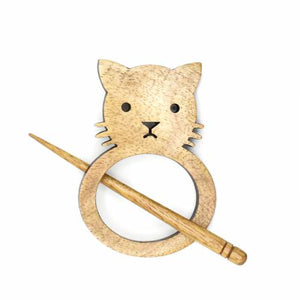 Wood Cat Shawl Pin