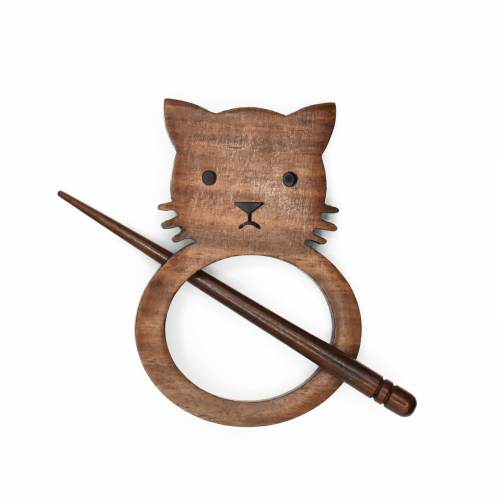 Wood Cat Shawl Pin