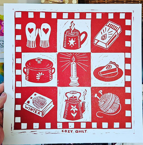 Cozy Quilt Linocut Print